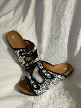 bernie mev. Multicolor Woven Triple-Buckle Slide Mules